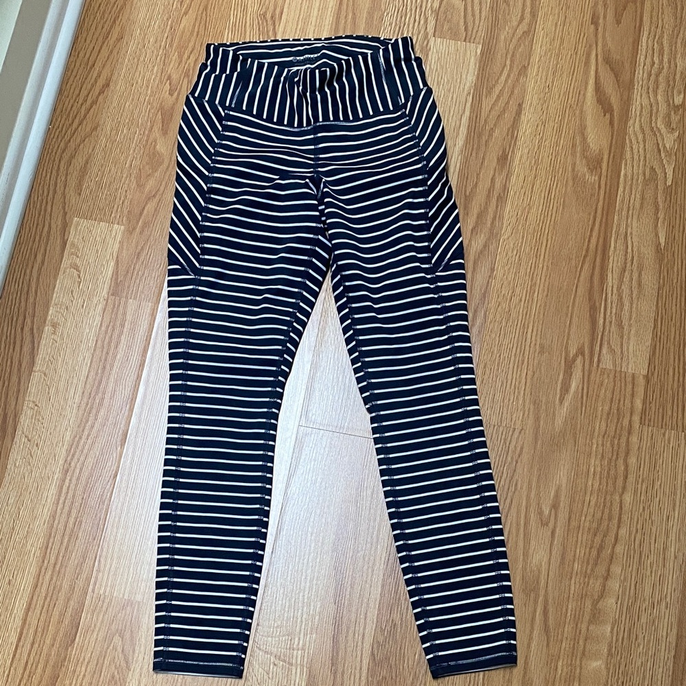 Athleta Contender Navy and White Striped Leggings, 25” inseam, size XS